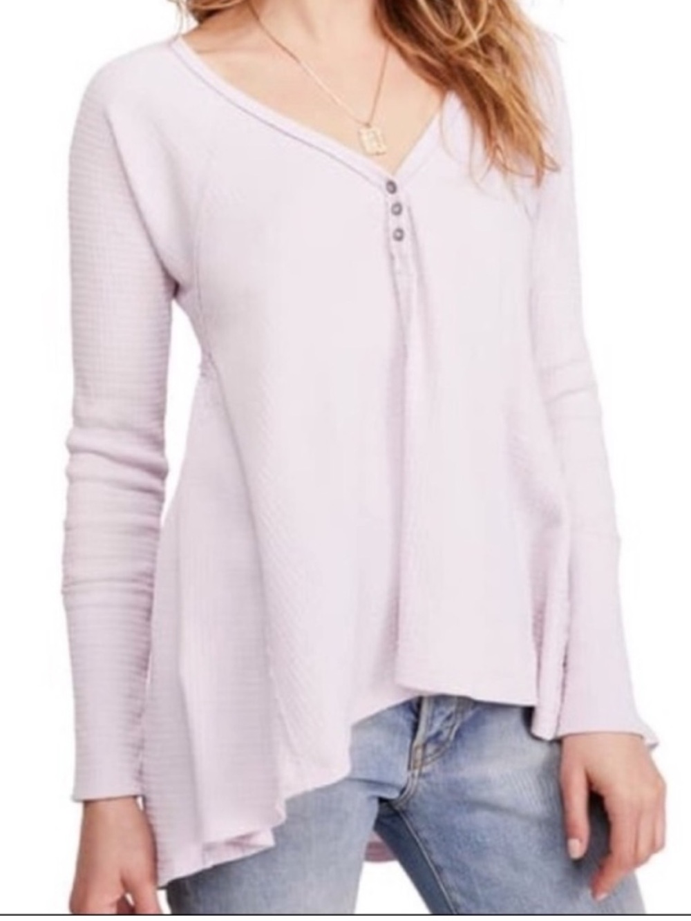 Free People Women's Lavender Long-Sleeve Waffle Knit oversized Henley Top M